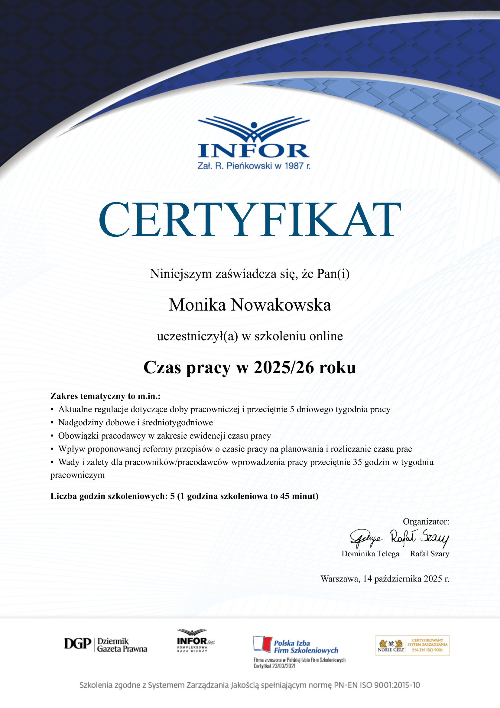 Certyfikat czas pracy